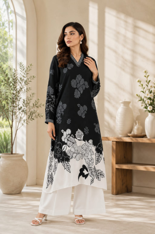 Midnight Bloom Printed 2-Piece Co-Ord Set – Black & White