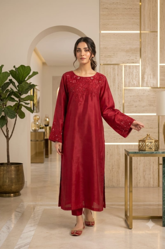 Ruby Royale Embroidered 3-Piece Chiffon Suit – Maroon