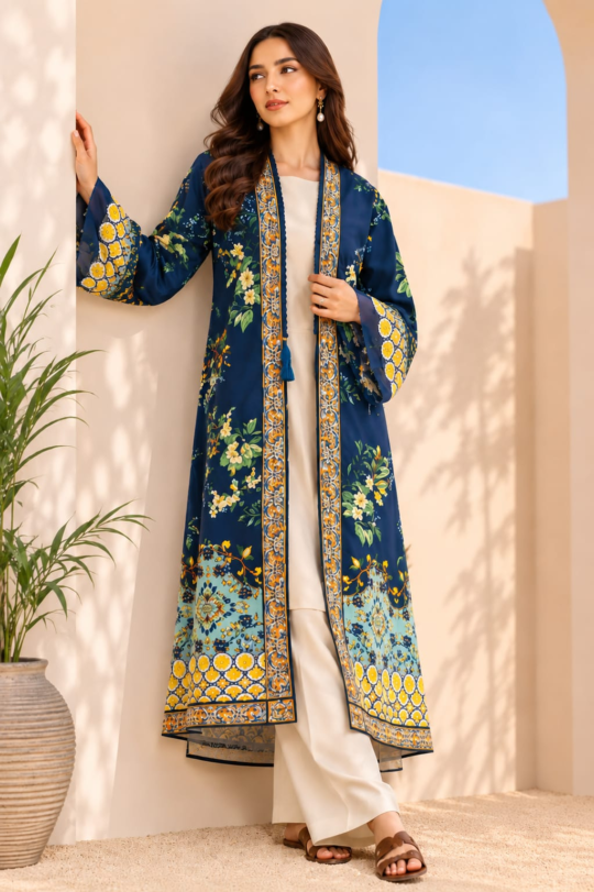 Azure Blossom Printed 3-Piece Lawn Suit – Navy Blue