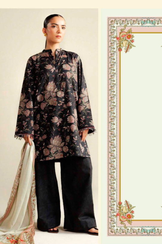 Midnight Floral Printed 3-Piece Lawn Suit – Black