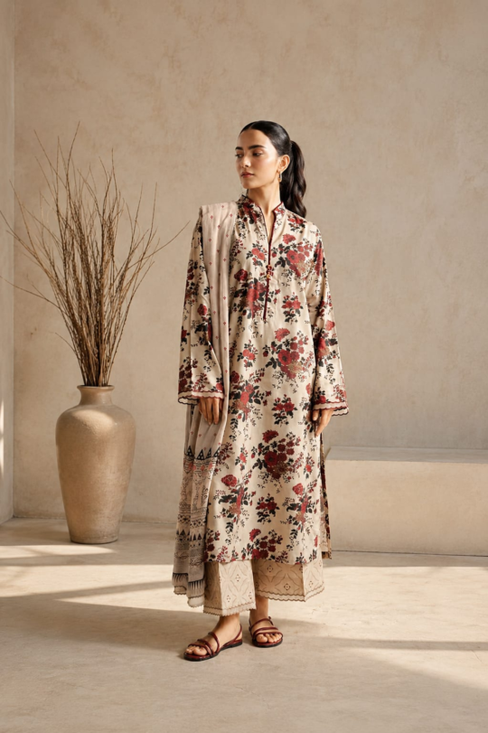 Ivory Rose Printed 3-Piece Lawn Suit – Cream Floral
